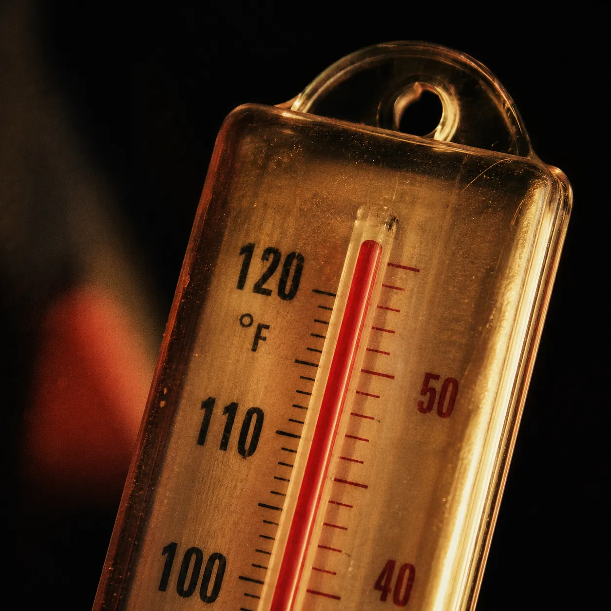 A glowing thermometer sign at dusk